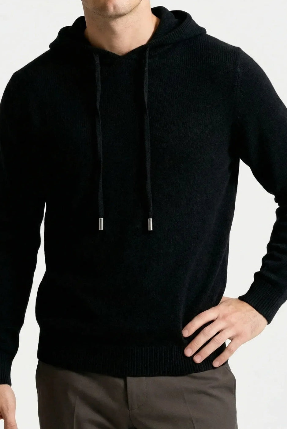 Men's fine-knit hooded jumper in black, worn, front view
