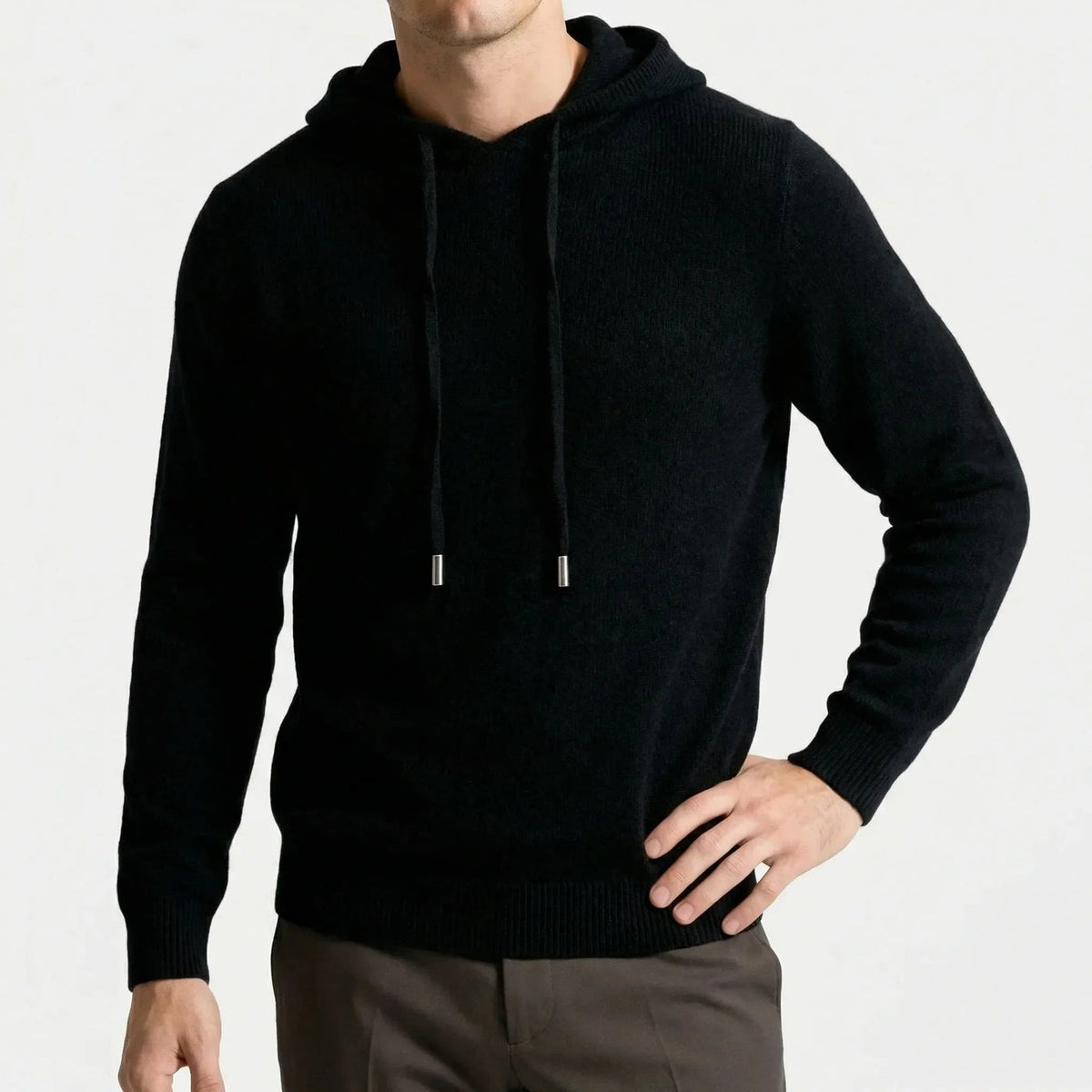 Men's fine-knit hooded jumper in black, worn, front view