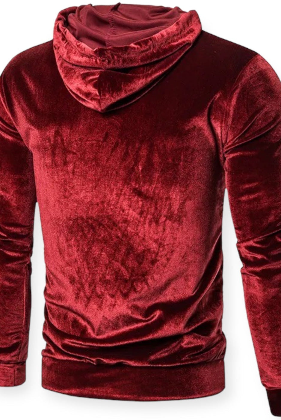 Men's velvet hoodie in red, back view