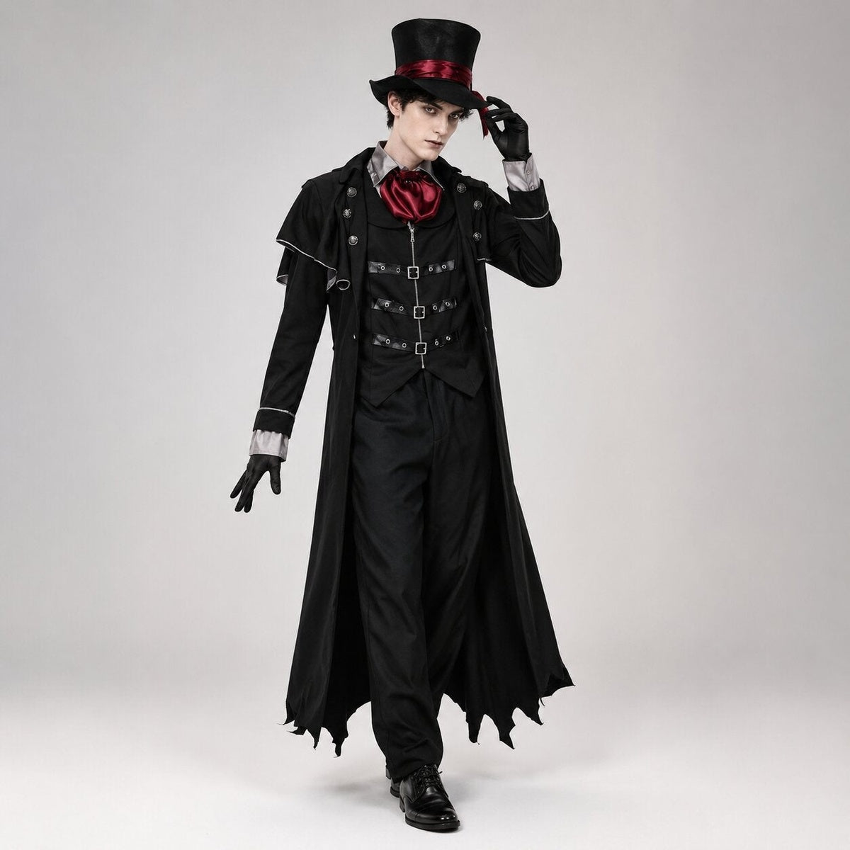 Man in the vampire costume with a buckled waistcoat and red cravat