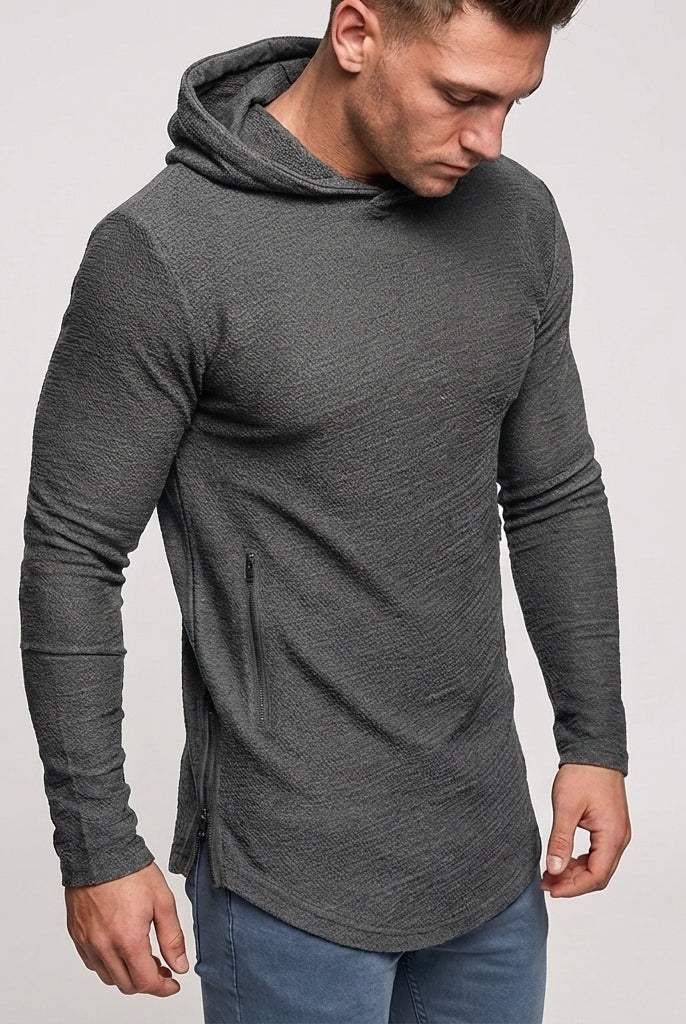 Men's slim-fit gym hoodie in grey, worn, front view