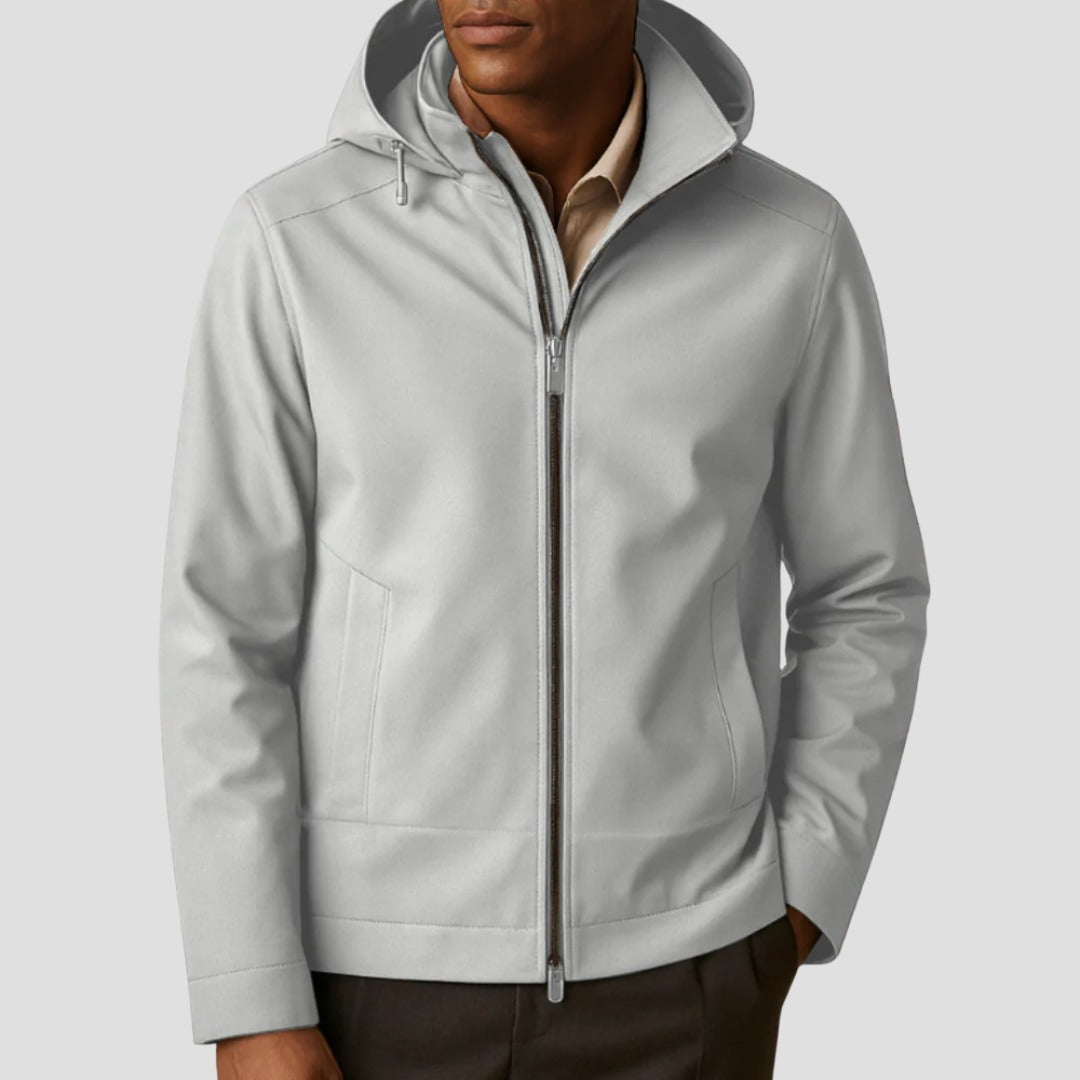 Men's hooded zip jacket in light grey, worn, front view