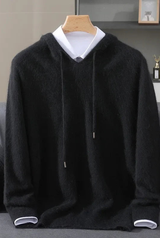 Men's lightweight knit hoodie in black, on a hanger, front view