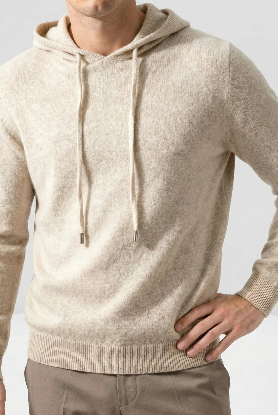Men's fine-knit hooded jumper in beige, worn, front view
