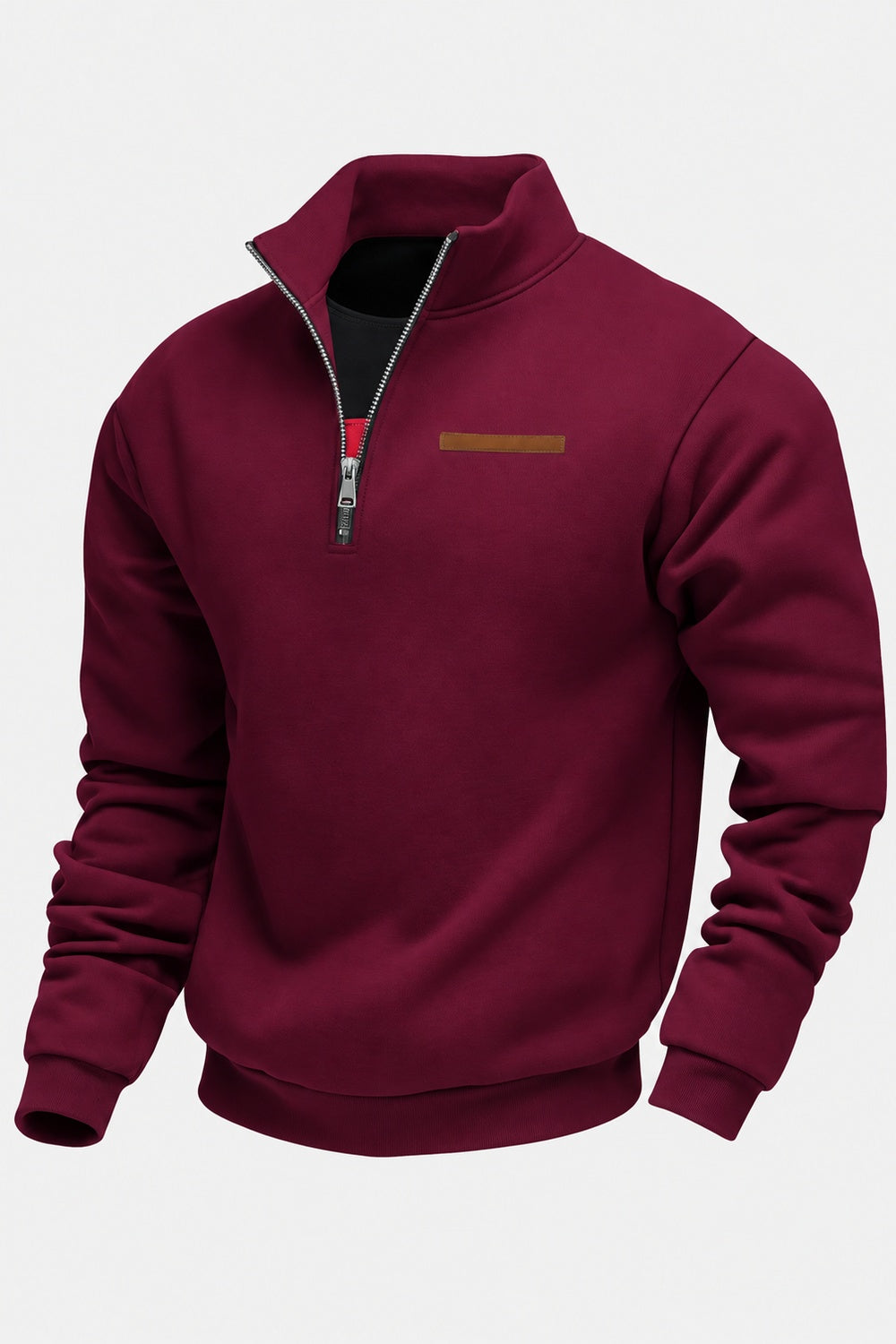 Burgundy funnel neck sweatshirt with a leather-look tab across the chest, product shot | Chaps London