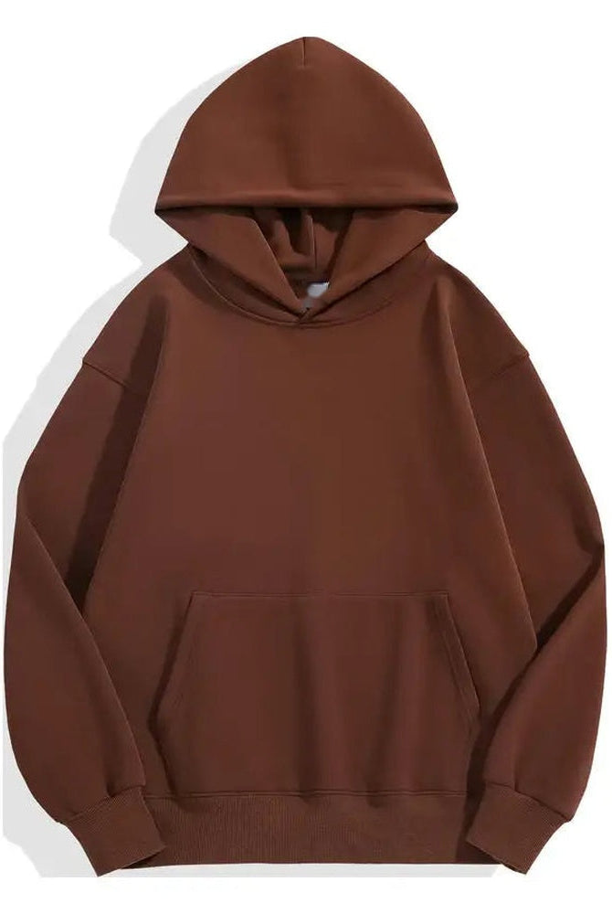 Men's heavyweight cotton hoodie in brown, front view