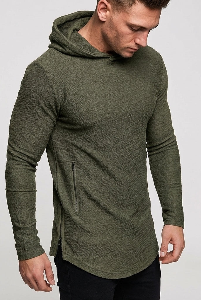 Men's slim-fit gym hoodie in olive green, worn, front view