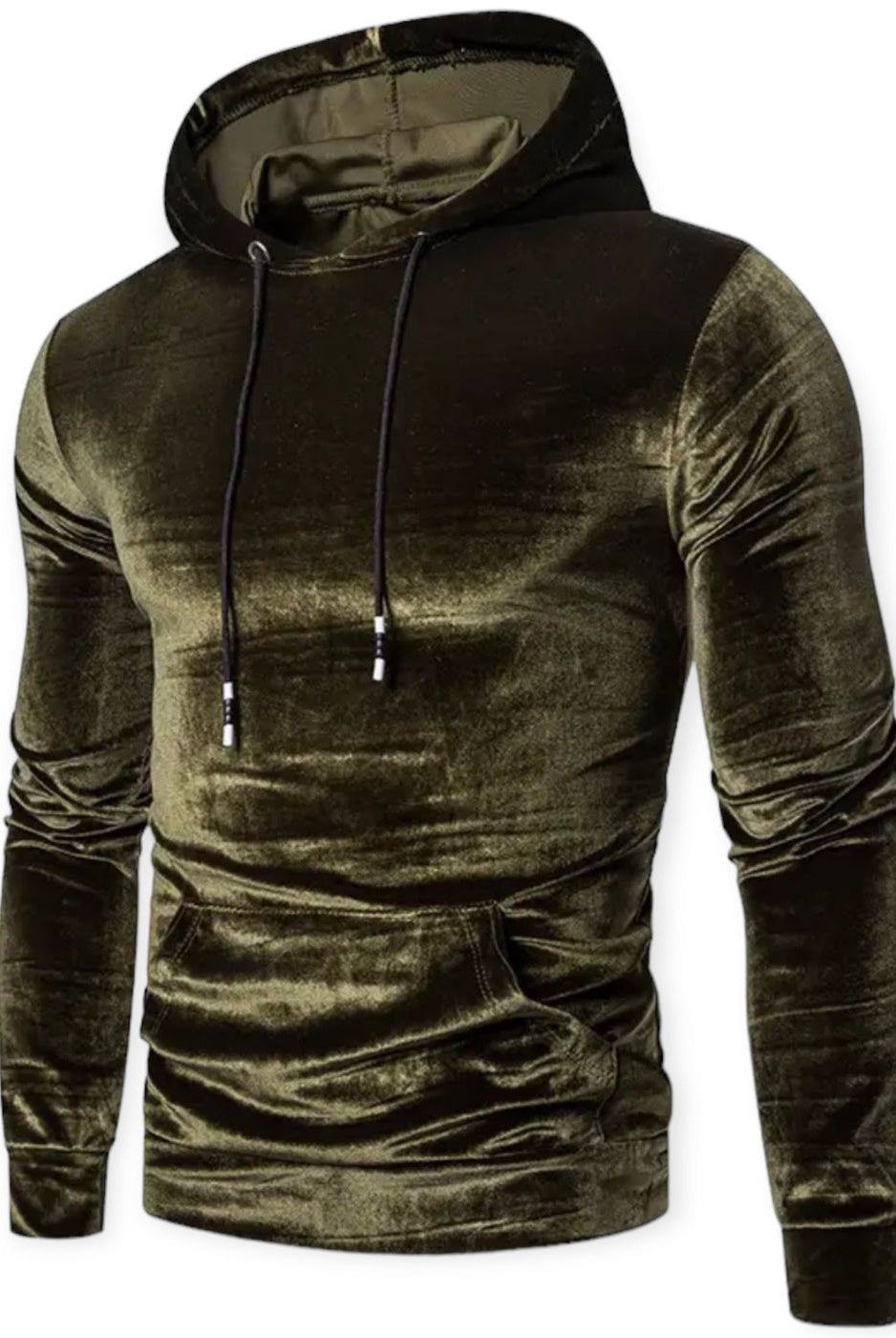 Men's velvet hoodie in olive green, front view
