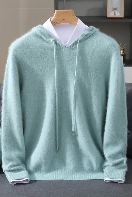 Men's lightweight knit hoodie in mint, on a hanger, front view