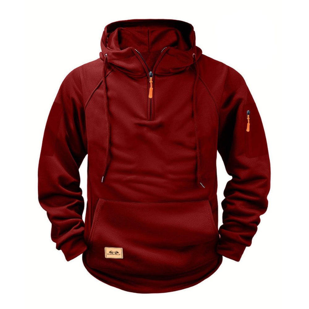 Dark red half-zip hoodie with a small leather-look patch on the pocket | Chaps London