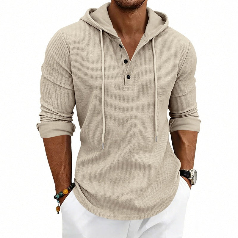 Men's waffle henley hoodie in beige, worn, front view