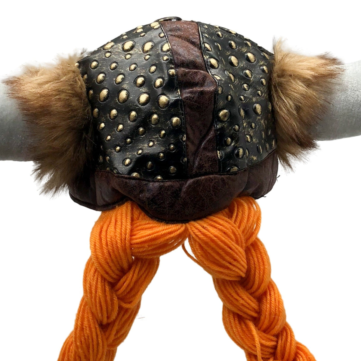 Close-up of the studded Viking hat with faux fur and braids