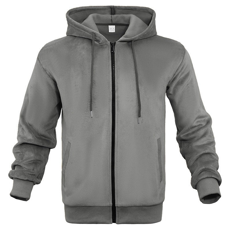 Men's waffle zip hoodie in grey, front view