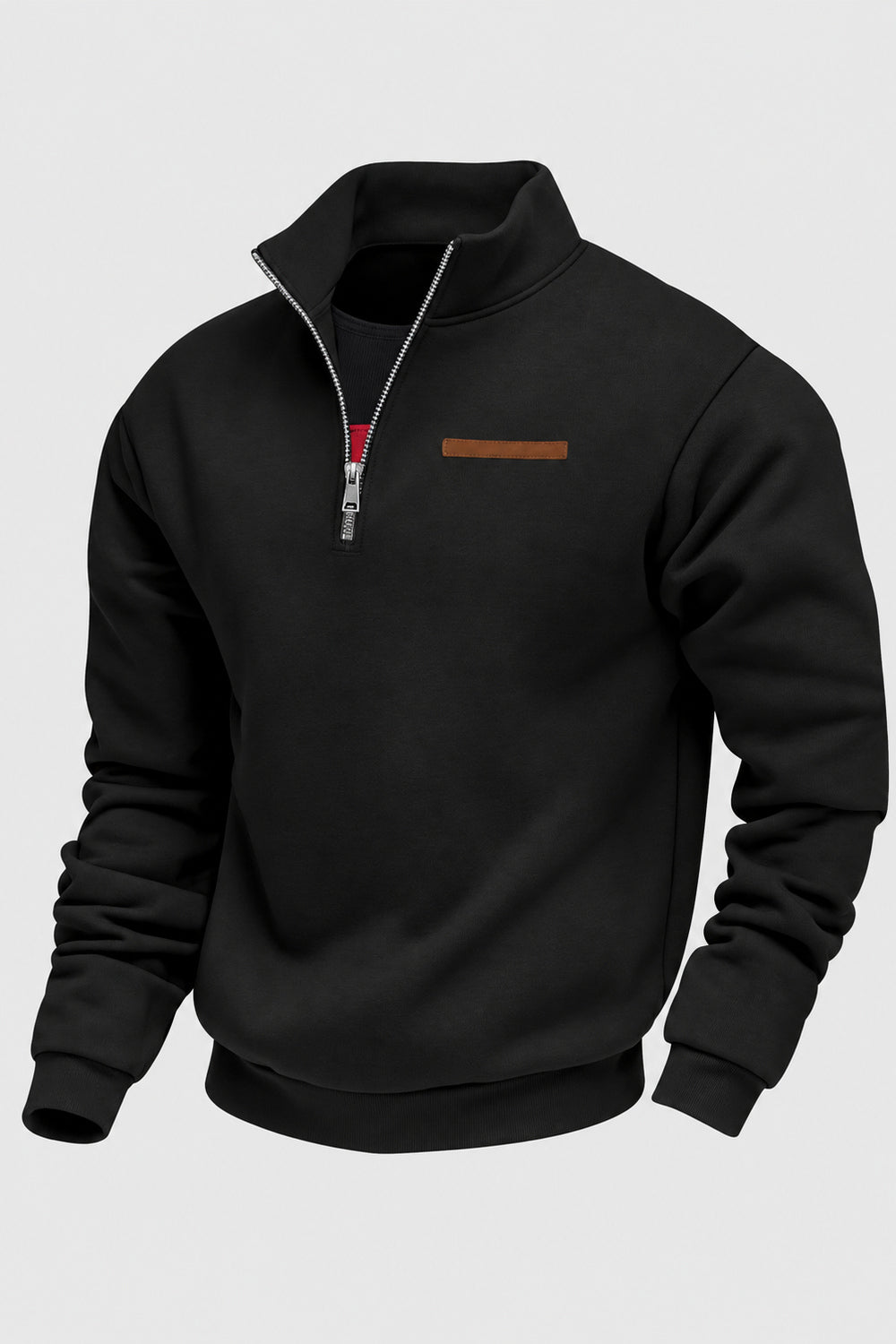 Black funnel neck sweatshirt with a brown leather-look tab, product shot | Chaps London
