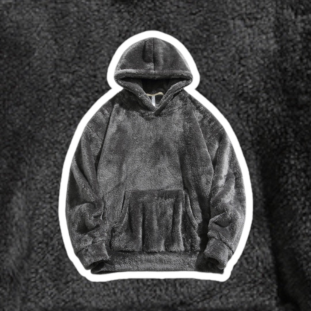 Men's fluffy borg hoodie in dark grey, front view
