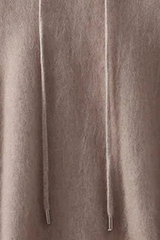 Men's lightweight knit hoodie in taupe, close-up of the soft knit and the drawstring