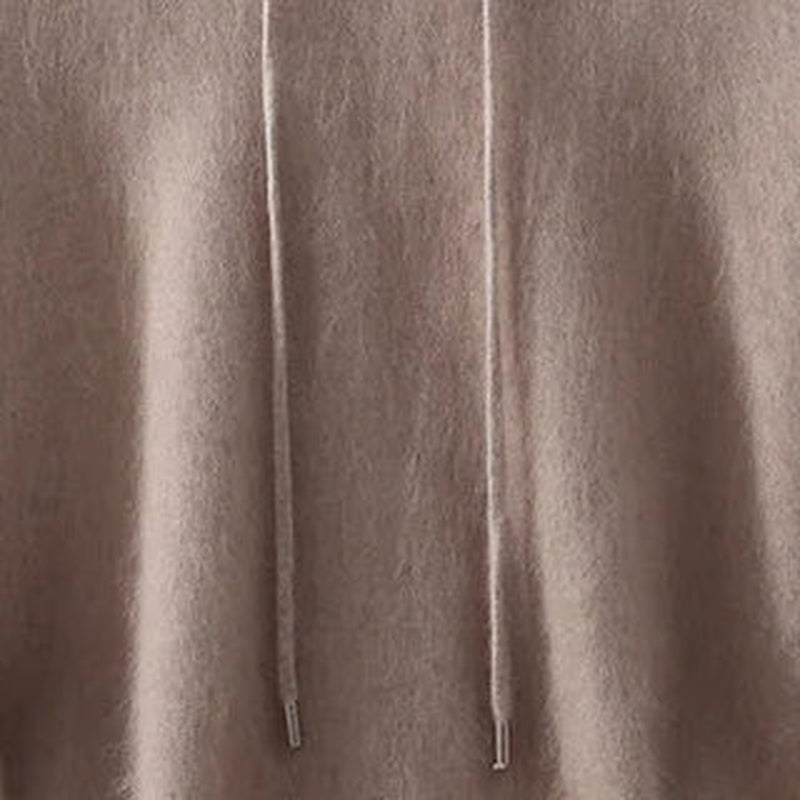 Men's lightweight knit hoodie in taupe, close-up of the soft knit and the drawstring