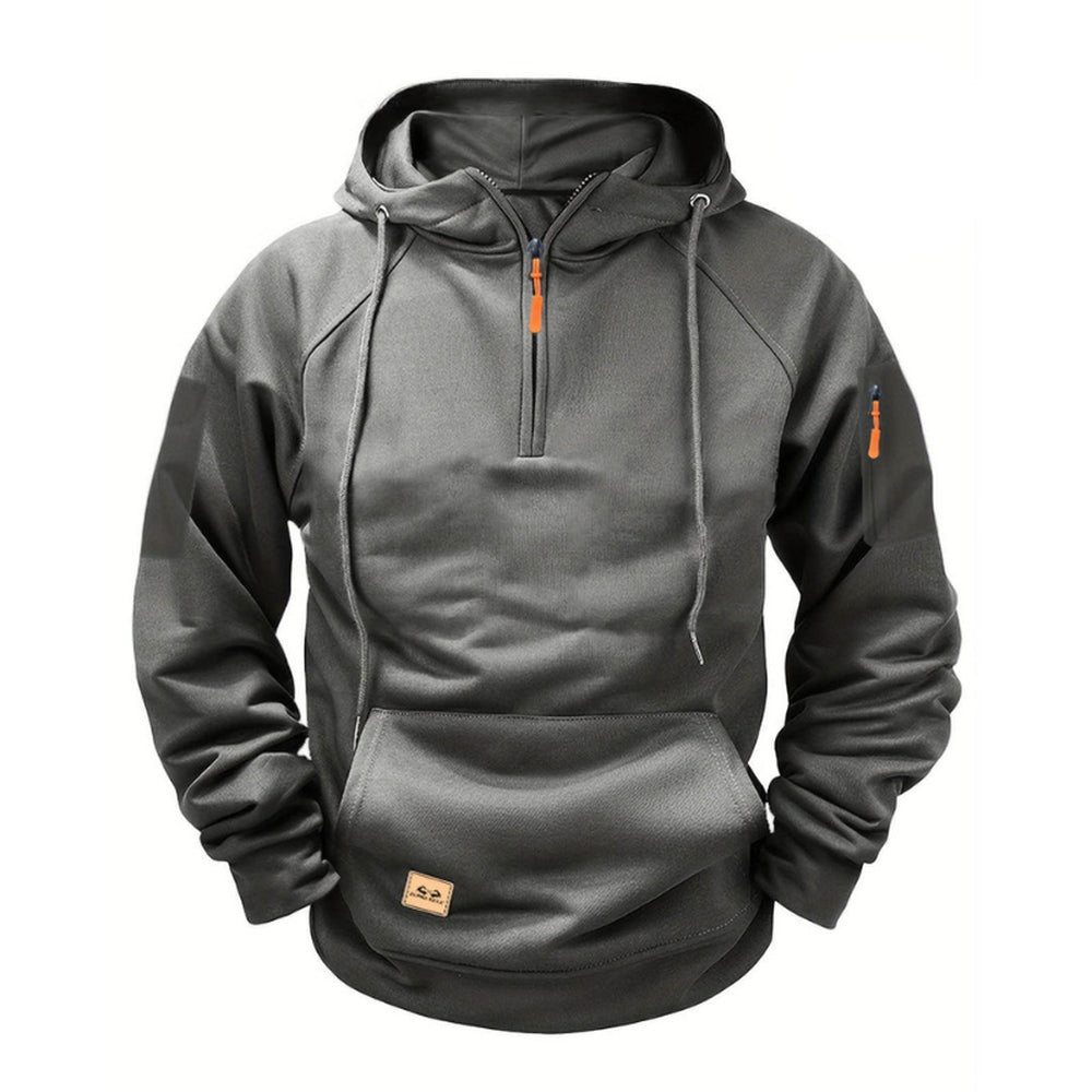 Grey half-zip hoodie with a short neck zip and a zipped sleeve pocket | Chaps London