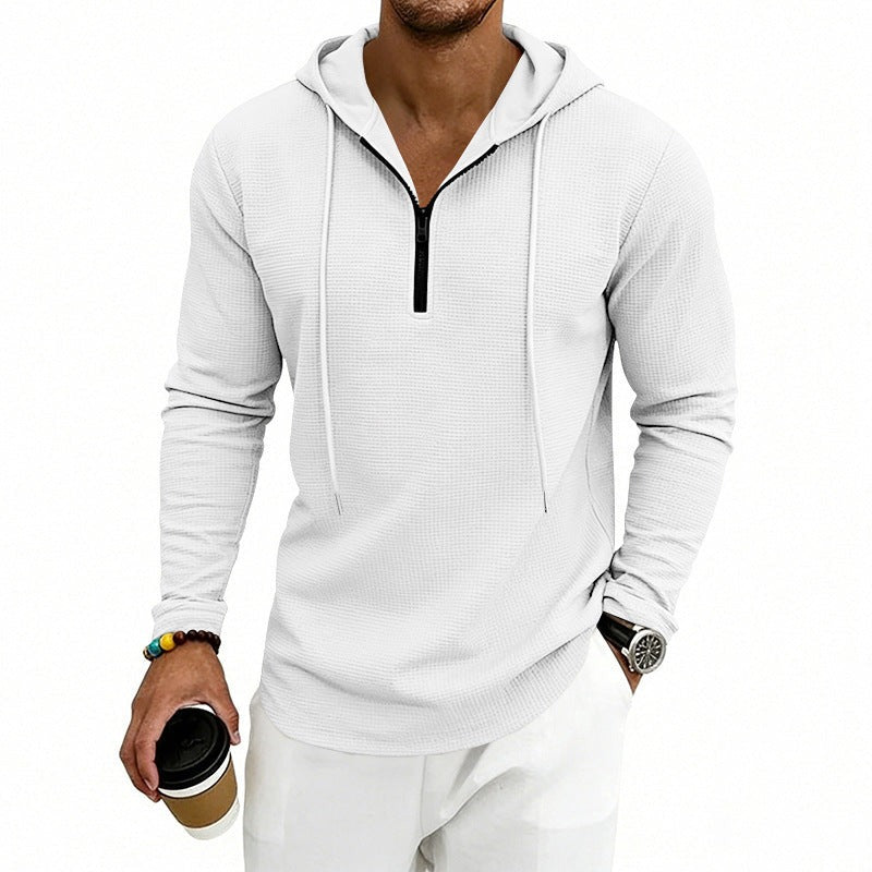 Men's textured quarter-zip hoodie in white, worn, front view