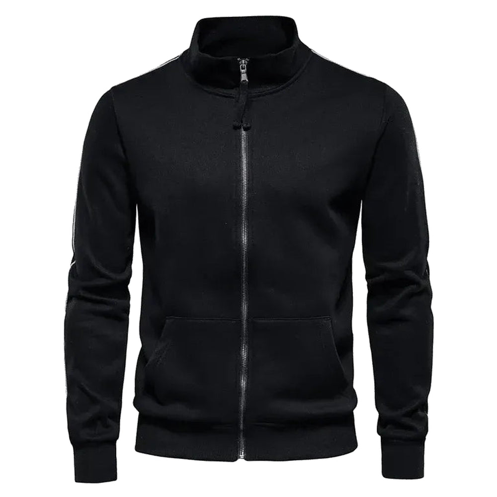 Black zip-up sweatshirt with pale sleeve stripes, shown on a white background | Chaps London