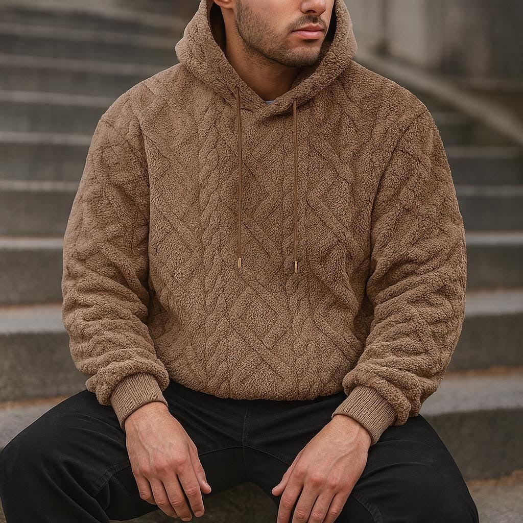 Men's quilted teddy fleece hoodie in brown, worn, front view