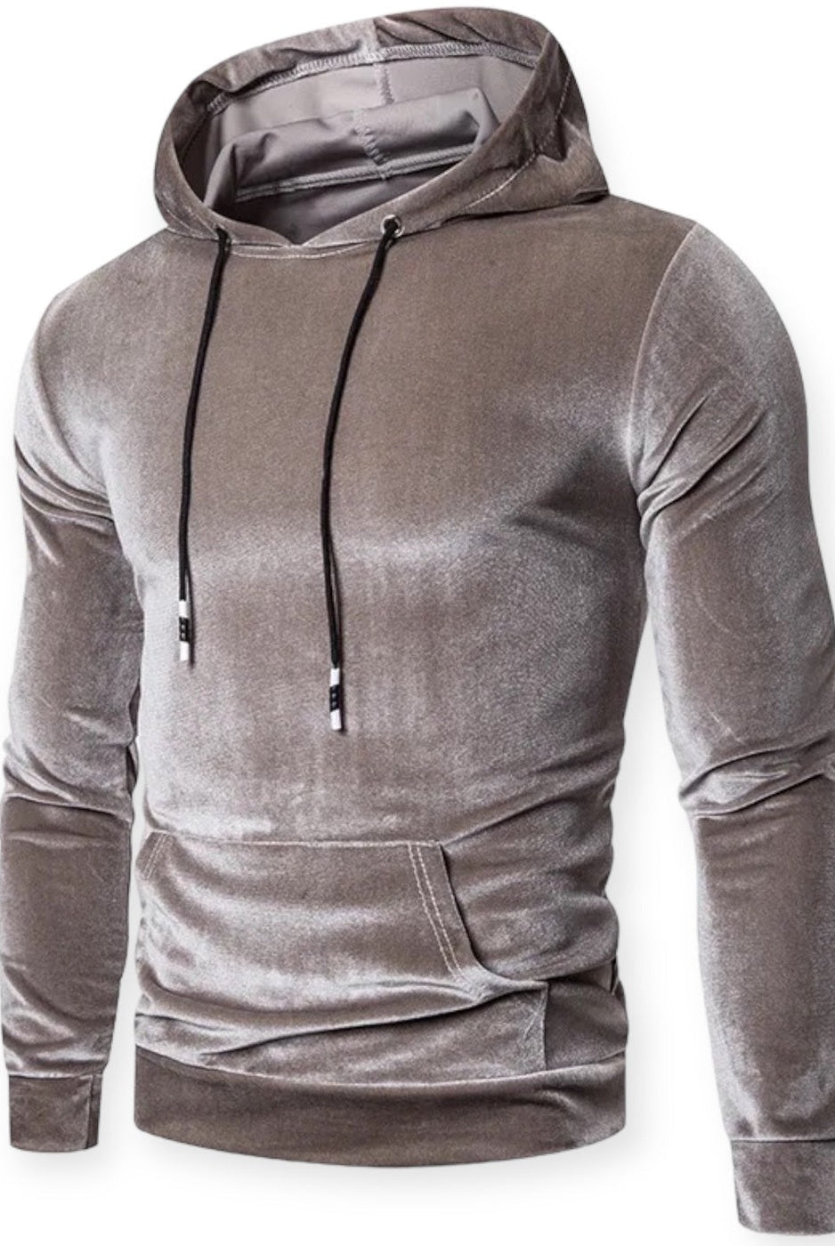 Men's velvet hoodie in grey, front view