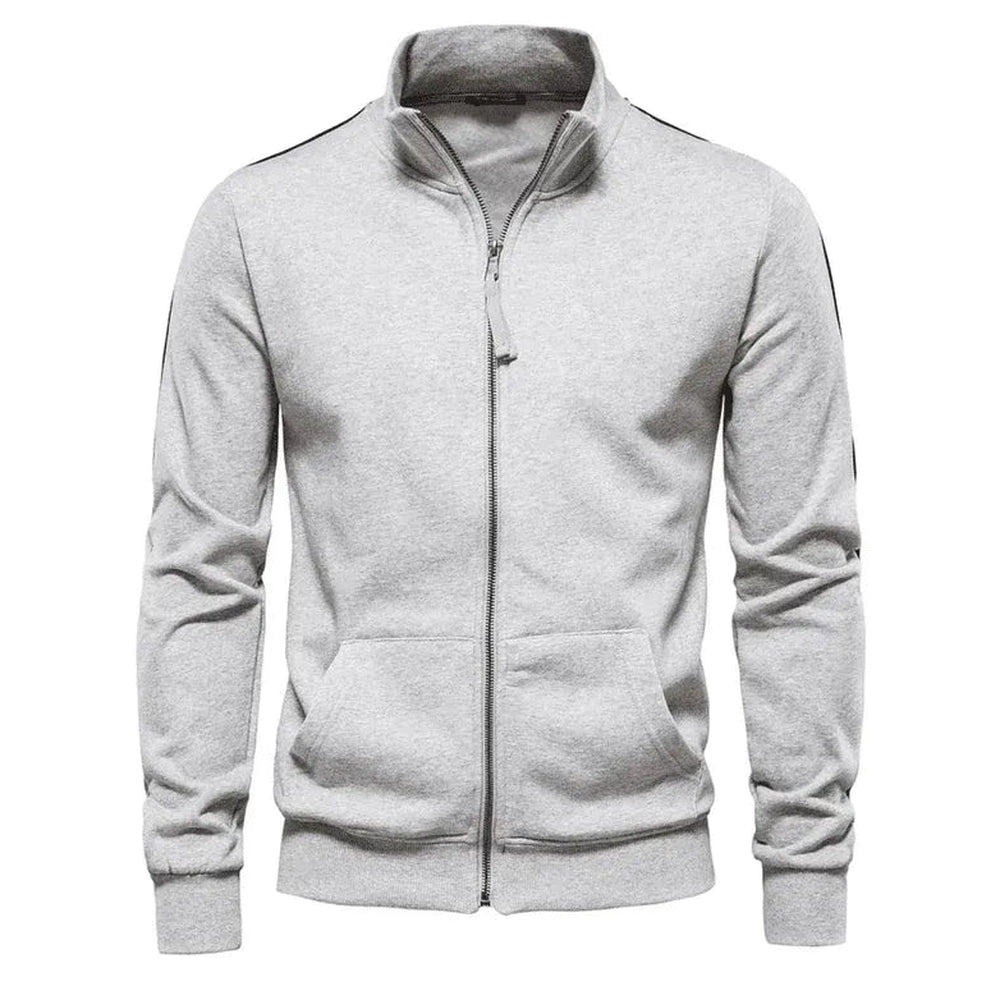 Light grey zip-up sweatshirt with dark sleeve stripes and two front pockets, shown on a white background | Chaps London