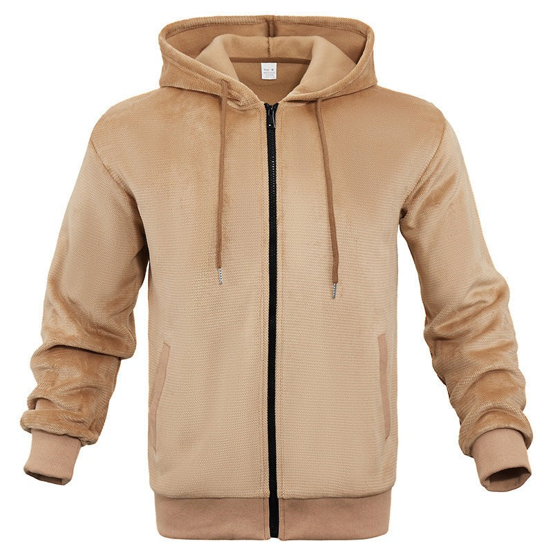 Men's waffle zip hoodie in camel, front view