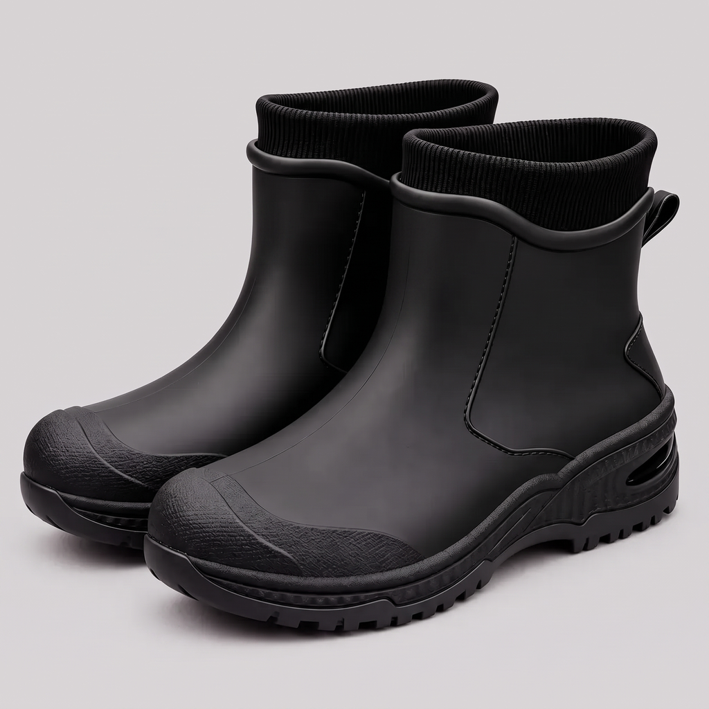 All black ankle rain boots with ribbed knit cuffs and black lugged soles on a grey studio background.