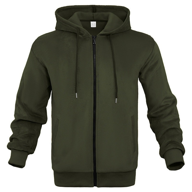 Men's waffle zip hoodie in dark green, front view
