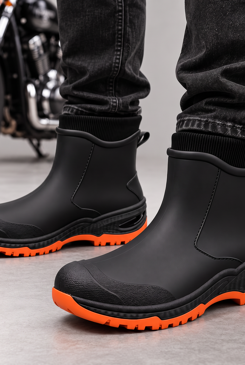 Black ankle rain boots with orange lugged soles worn with dark jeans, motorcycle in the background.