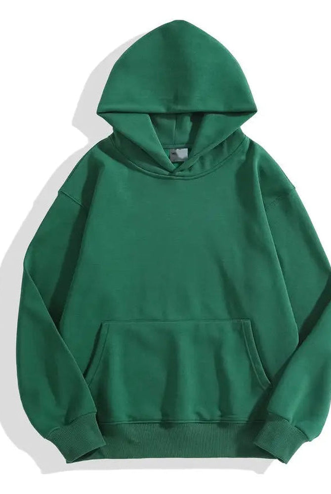 Men's heavyweight cotton hoodie in dark green, front view