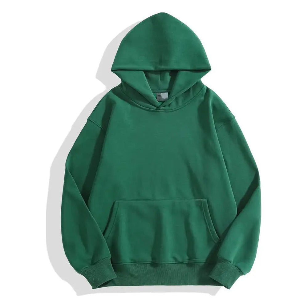 Men's heavyweight cotton hoodie in dark green, front view