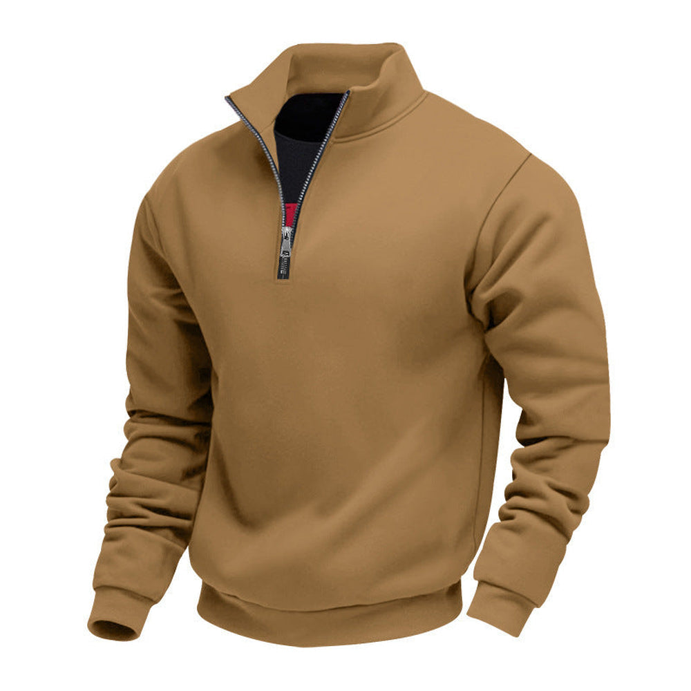 Camel fleece-lined quarter zip jumper with a short zip, product shot | Chaps London
