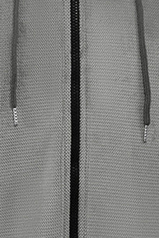 Men's waffle zip hoodie in grey, close-up of the waffle texture, the zip and the drawstrings