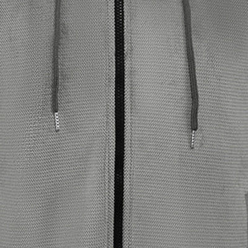 Men's waffle zip hoodie in grey, close-up of the waffle texture, the zip and the drawstrings