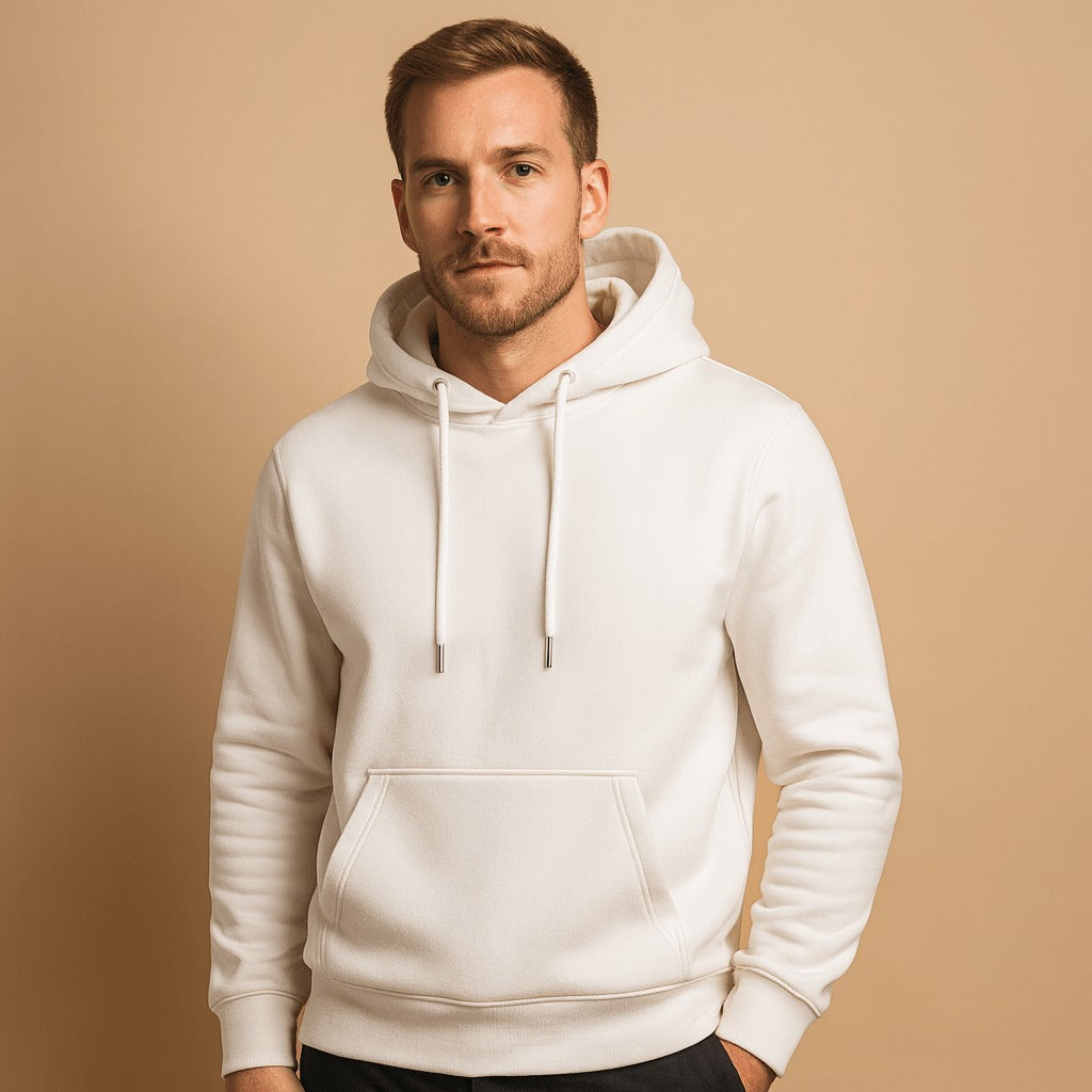 Men's classic drawstring hoodie in white, worn, front view