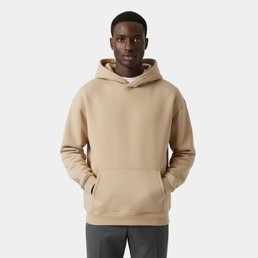 Men's heavyweight hoodie in sand, worn, front view