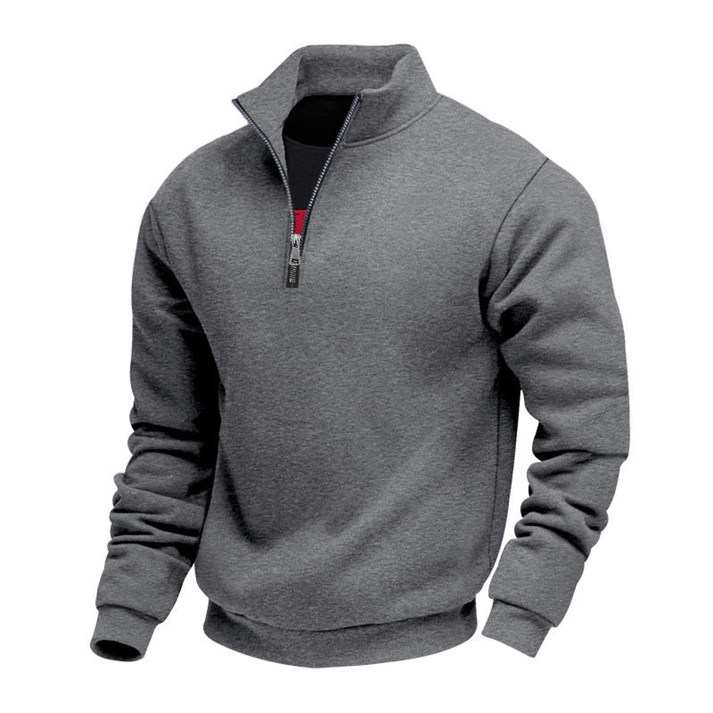 Dark grey fleece-lined quarter zip jumper with a stand collar, product shot | Chaps London