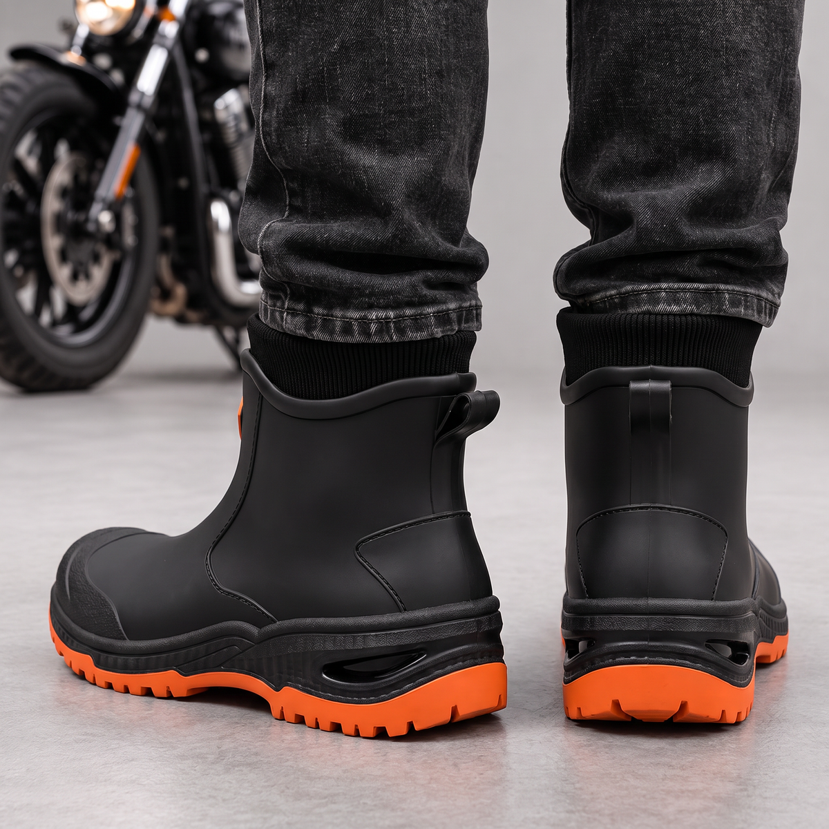 Black ankle rain boots with orange lugged soles worn with dark jeans, back view with pull tabs.