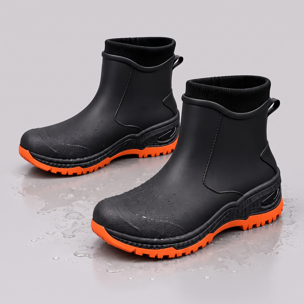 Black ankle rain boots with orange lugged soles and rear pull tabs on a wet grey surface.