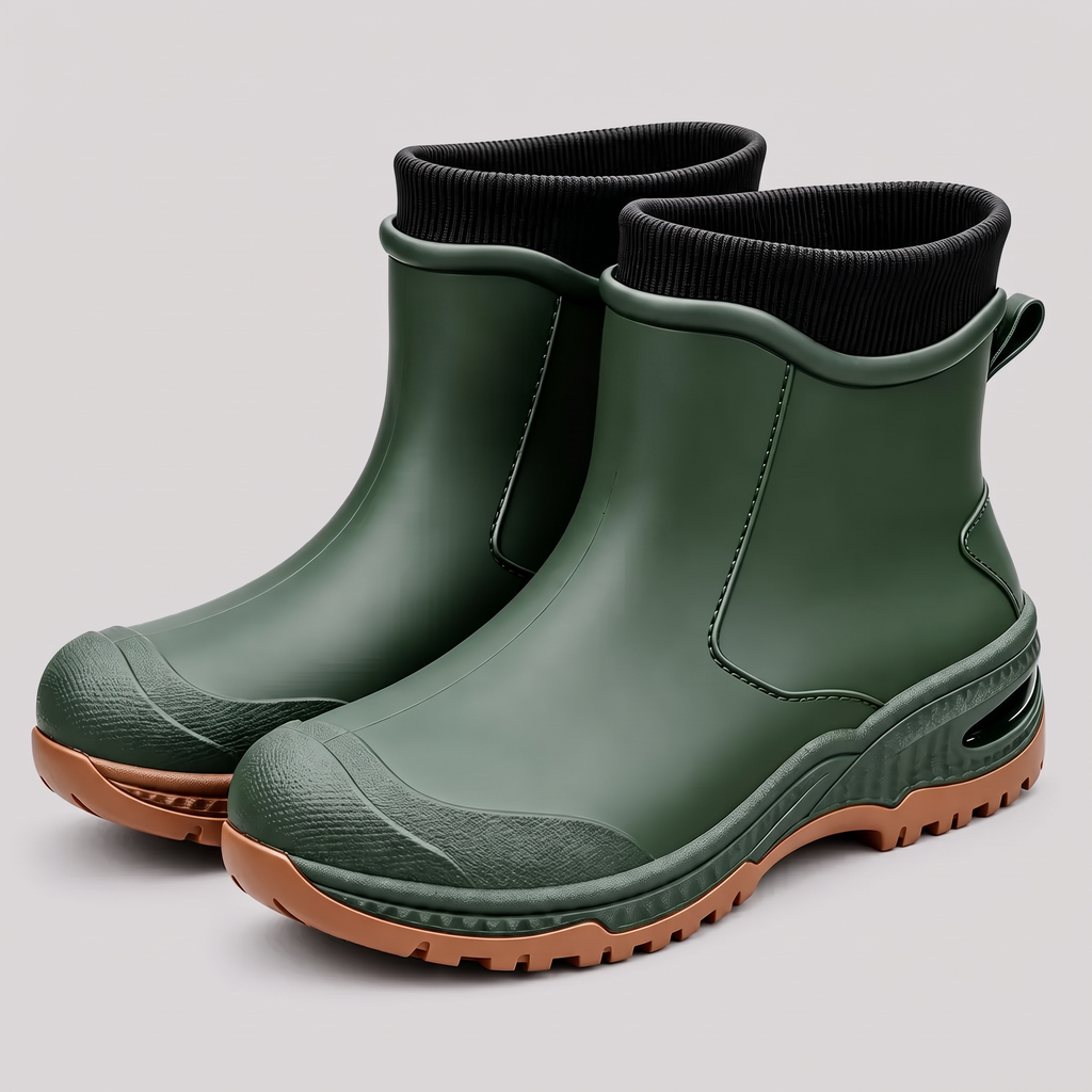Green ankle rain boots with black ribbed knit cuffs and brown lugged soles, three quarter view.