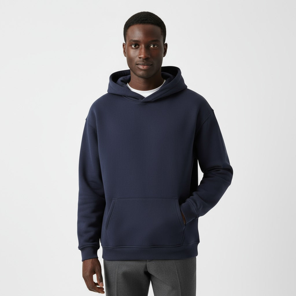 Men's heavyweight hoodie in navy, worn, front view