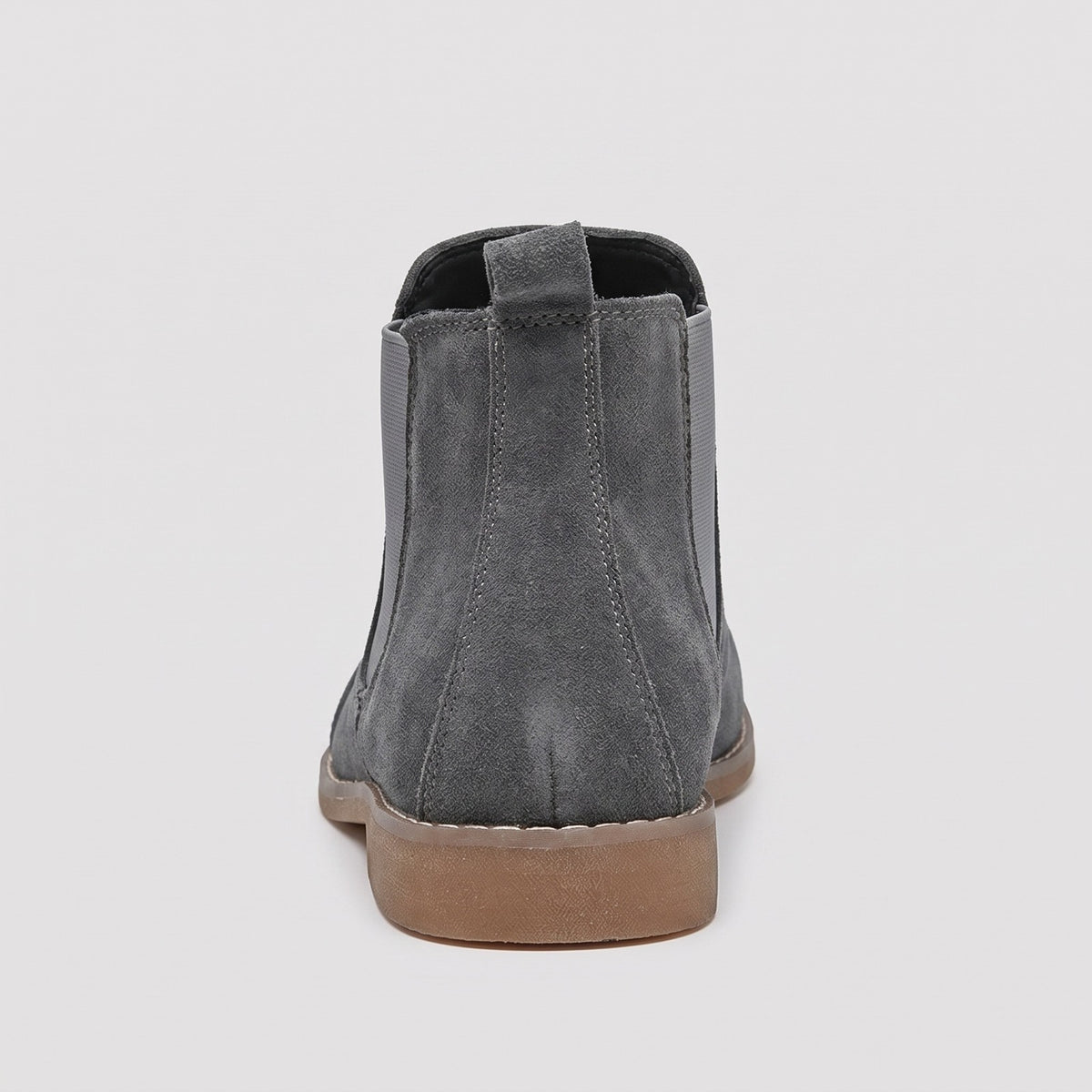 Gray faux suede Chelsea boot, rear view, flat lay on surface | Chaps London