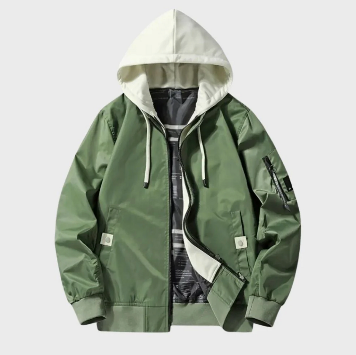 Green hooded bomber jacket with striped lining, shown flat with zipper open | Chaps London
