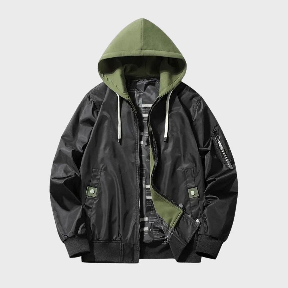 Black bomber jacket with green hood, striped lining, shown unworn flat | Chaps London