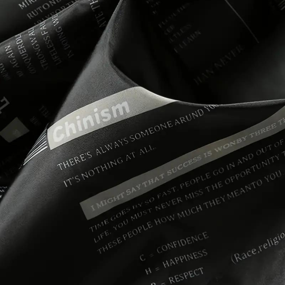 Black fabric close-up with printed text design, folded garment detail shown | Chaps London
