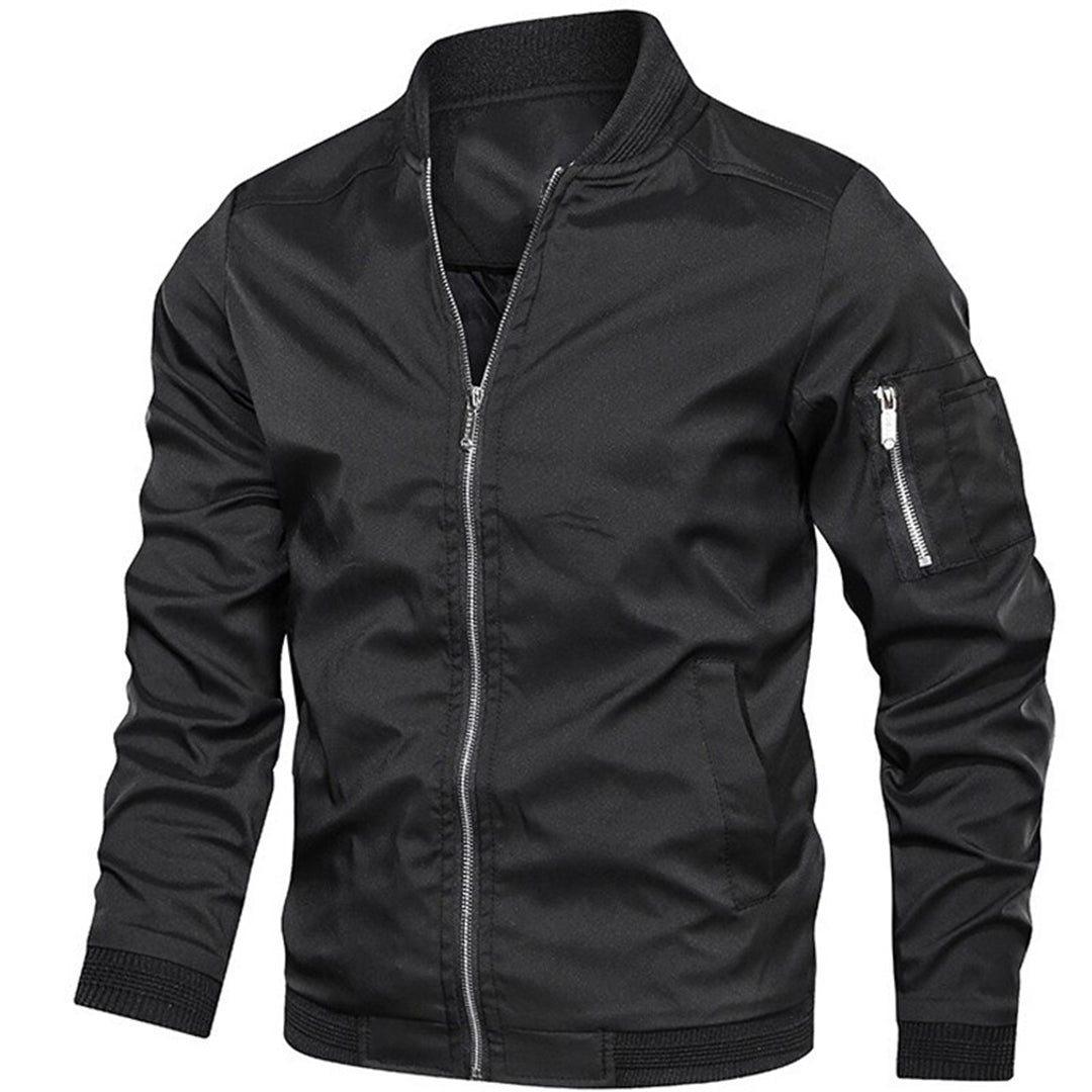 Black bomber jacket with ribbed collar, zip pockets, shown flat on model | Chaps London