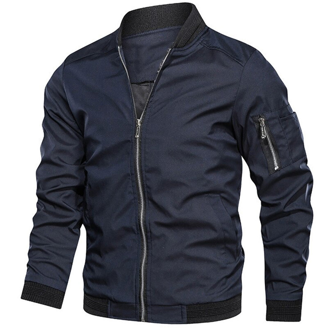 Navy blue bomber jacket with ribbed collar, zip pockets, shown on mannequin | Chaps London