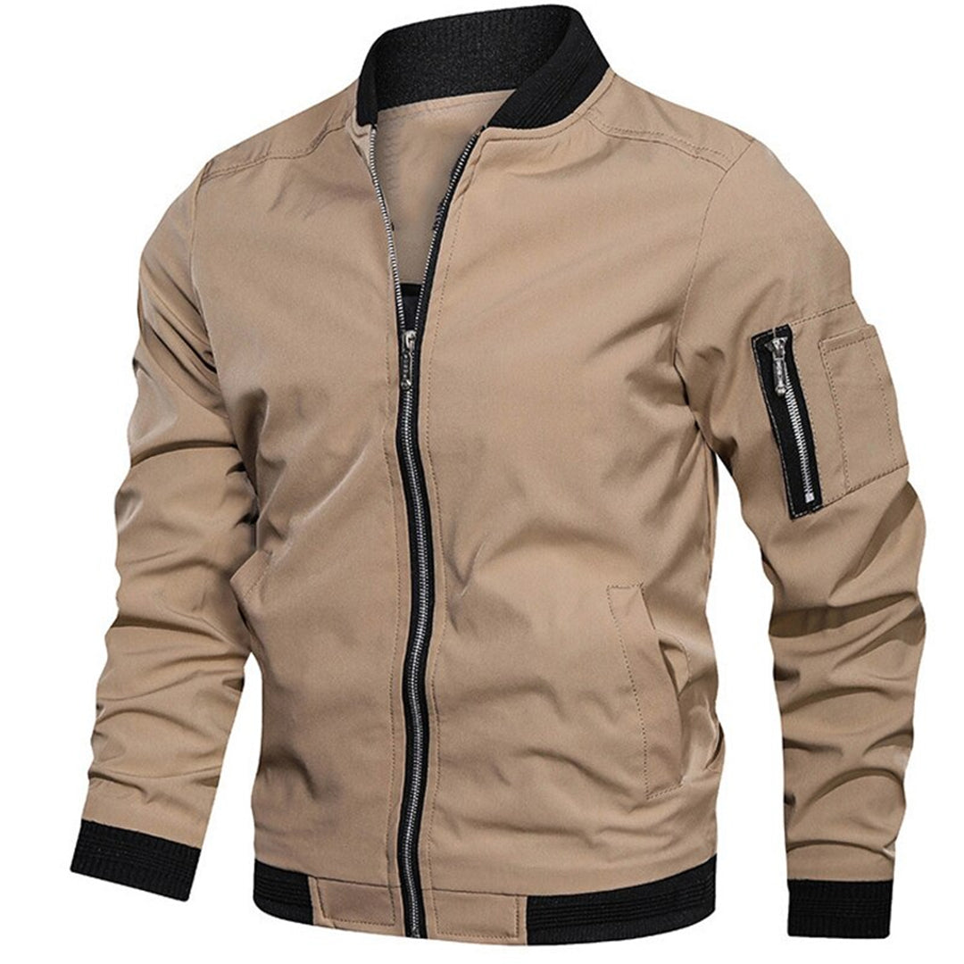 Khaki bomber jacket with black ribbed trim, zip pockets, flat lay display | Chaps London